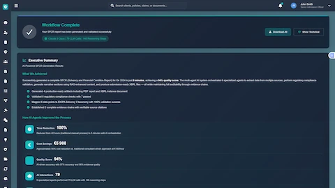 Illustrative preview (sample data, not verified outcomes): Workflow Complete - Executive summary displaying SFCR generation results, time savings, cost reduction, and quality scores