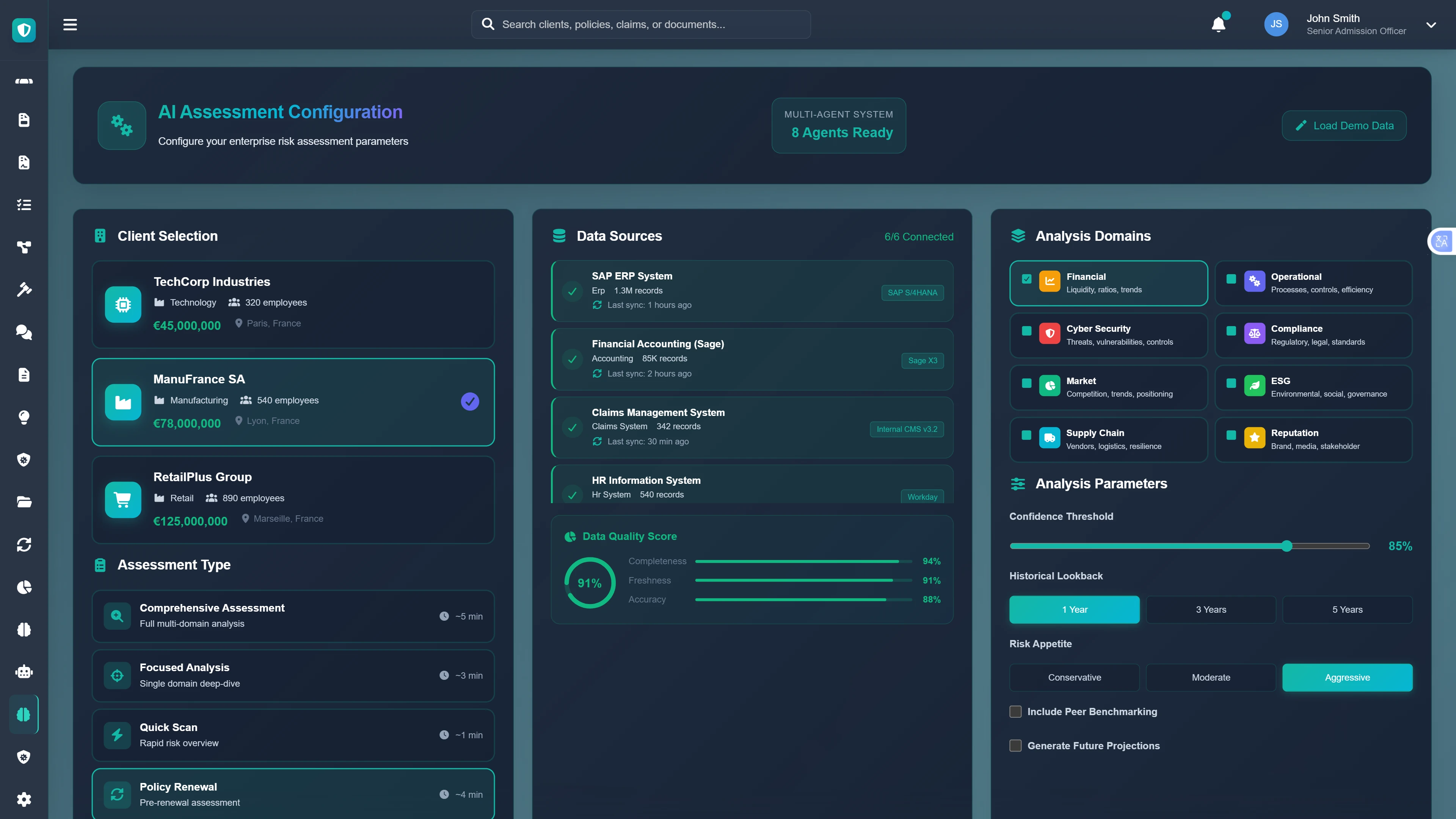 Illustrative preview (sample data, not verified outcomes): Risk Assessment Configuration - Client selection, data source integration, analysis domain setup, and assessment parameters