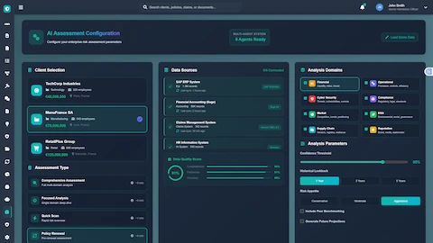 Illustrative preview (sample data, not verified outcomes): Risk Assessment Configuration - Client selection, data source integration, analysis domain setup, and assessment parameters