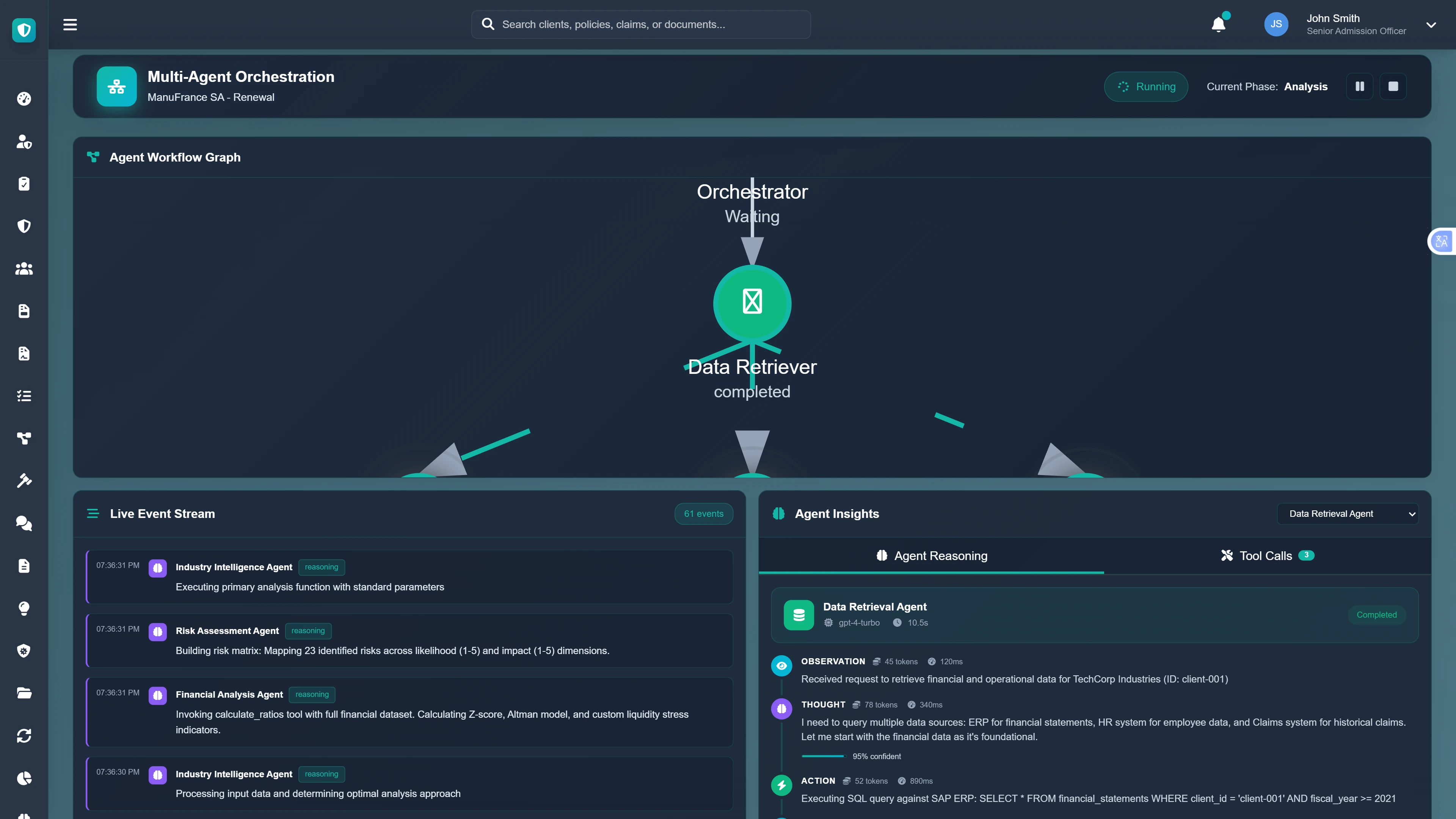 Illustrative preview (sample data, not verified outcomes): Multi-Agent Orchestration - Live workflow visualization showing parallel agent execution with real-time event stream and reasoning logs