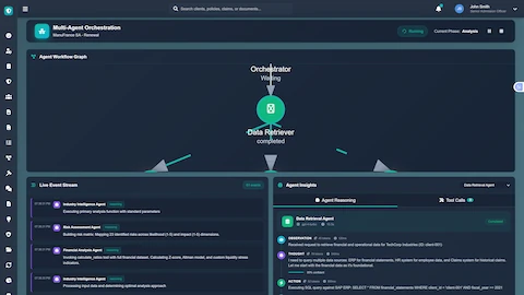 Illustrative preview (sample data, not verified outcomes): Multi-Agent Orchestration - Live workflow visualization showing parallel agent execution with real-time event stream and reasoning logs