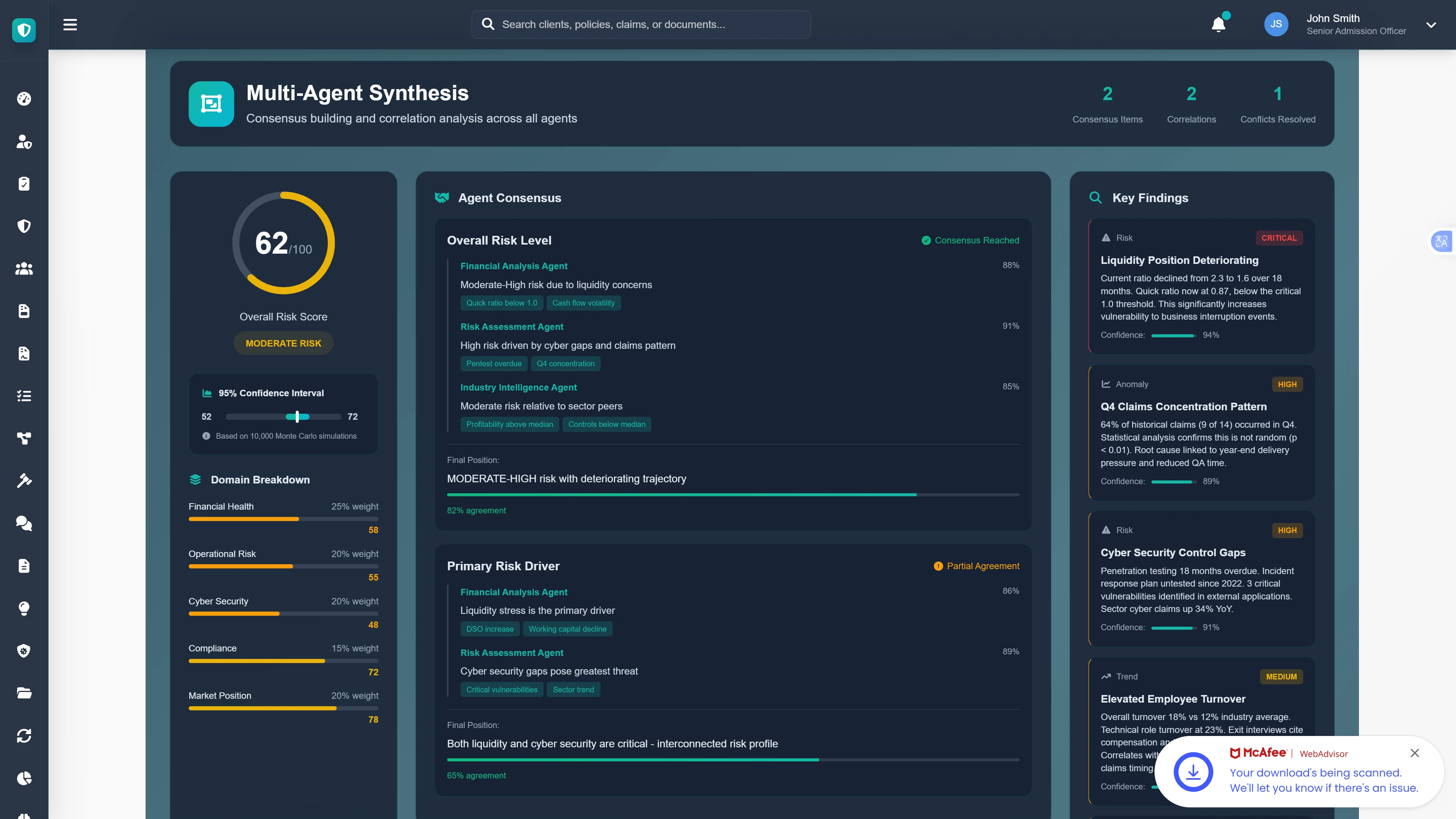 Illustrative preview (sample data, not verified outcomes): Agent Synthesis Dashboard - Consensus-building interface displaying aggregated risk scores, domain breakdown, and key findings from all agents