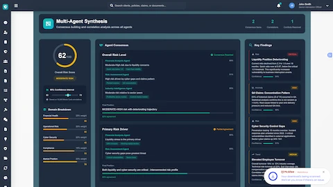Illustrative preview (sample data, not verified outcomes): Agent Synthesis Dashboard - Consensus-building interface displaying aggregated risk scores, domain breakdown, and key findings from all agents
