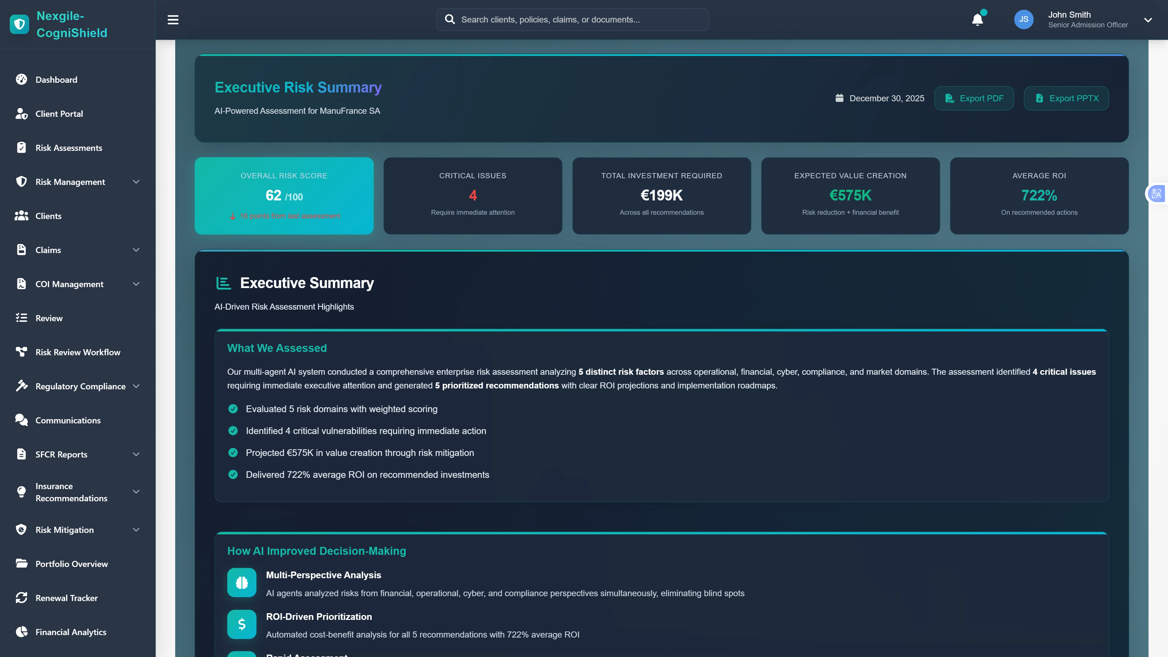 Illustrative preview (sample data, not verified outcomes): Executive Risk Summary - Comprehensive assessment report with overall risk score, critical issues, investment requirements, and ROI projections