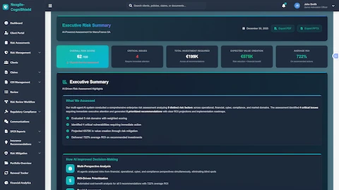 Illustrative preview (sample data, not verified outcomes): Executive Risk Summary - Comprehensive assessment report with overall risk score, critical issues, investment requirements, and ROI projections