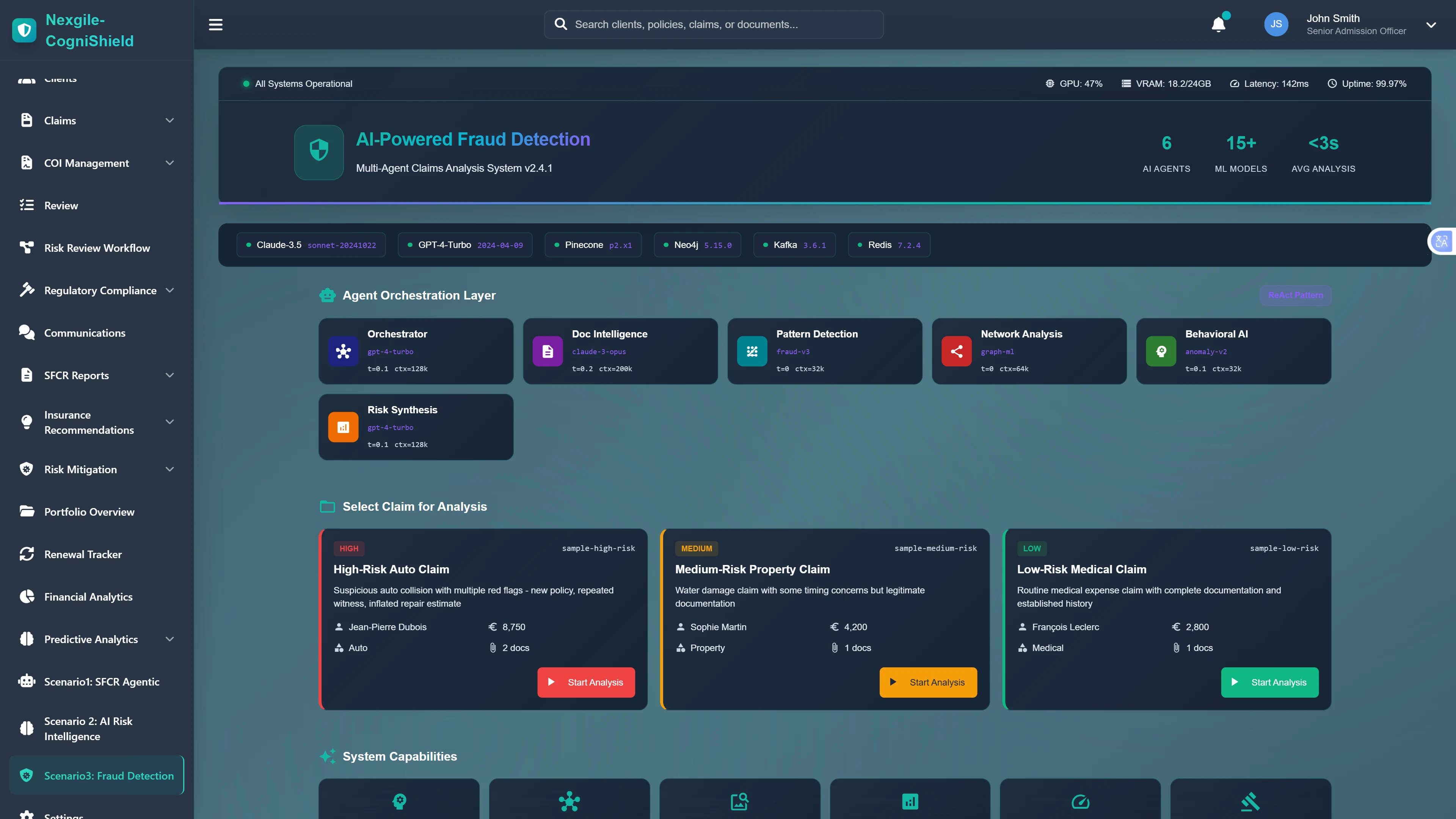 Illustrative preview (sample data, not verified outcomes): Fraud Detection Dashboard - Agent orchestration interface with claim prioritization showing high, medium, and low-risk cases for investigation