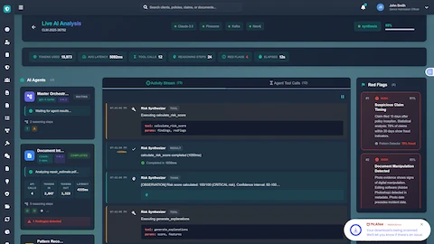 Illustrative preview (sample data, not verified outcomes): Live Fraud Analysis - Real-time agent execution showing document analysis, pattern detection, and red flag identification with reasoning steps