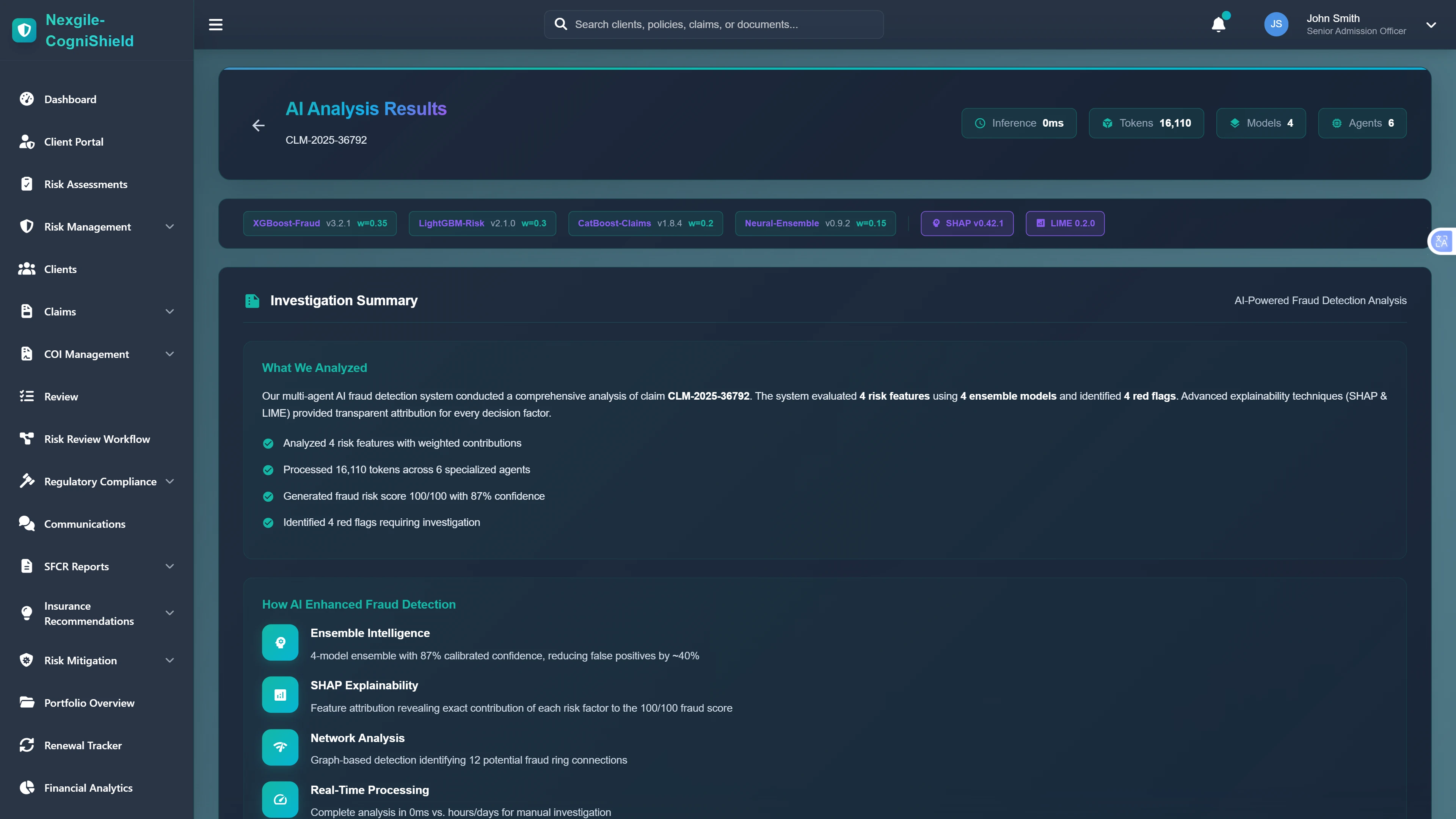 Illustrative preview (sample data, not verified outcomes): Investigation Summary - Comprehensive fraud analysis results with risk features, ensemble model scoring, and explainability metrics