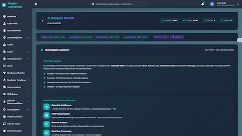 Illustrative preview (sample data, not verified outcomes): Investigation Summary - Comprehensive fraud analysis results with risk features, ensemble model scoring, and explainability metrics