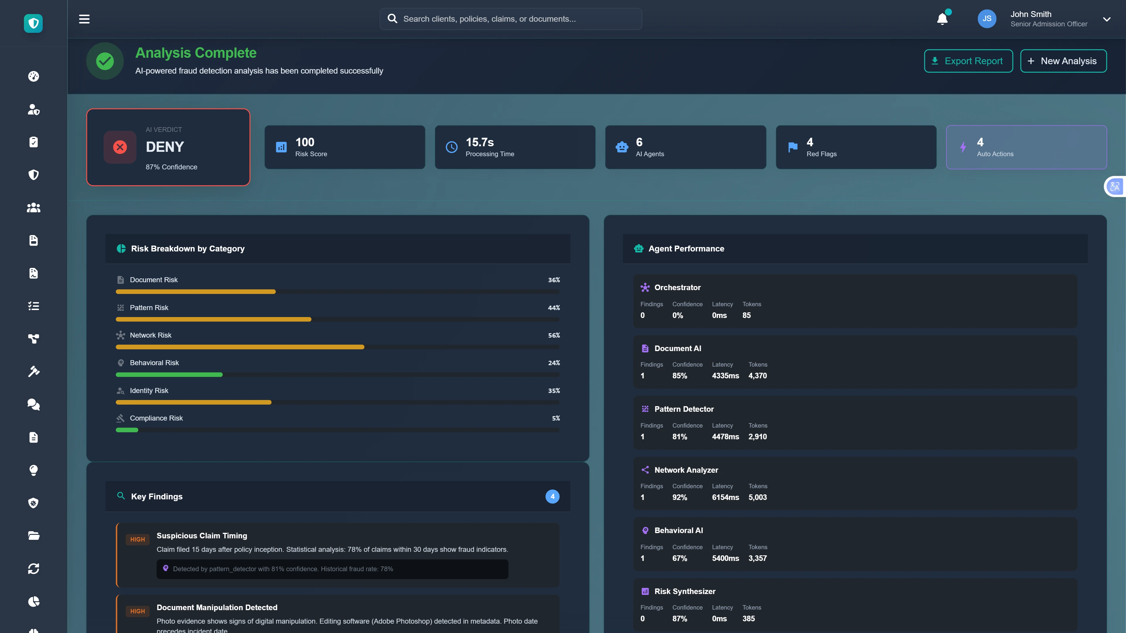 Illustrative preview (sample data, not verified outcomes): Analysis Complete - Final fraud verdict with confidence score, risk breakdown by category, key findings, and detailed agent performance