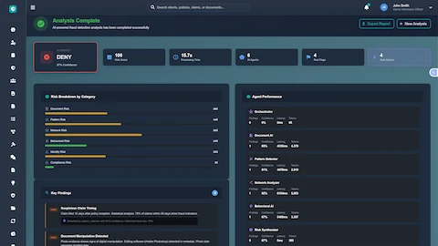 Illustrative preview (sample data, not verified outcomes): Analysis Complete - Final fraud verdict with confidence score, risk breakdown by category, key findings, and detailed agent performance