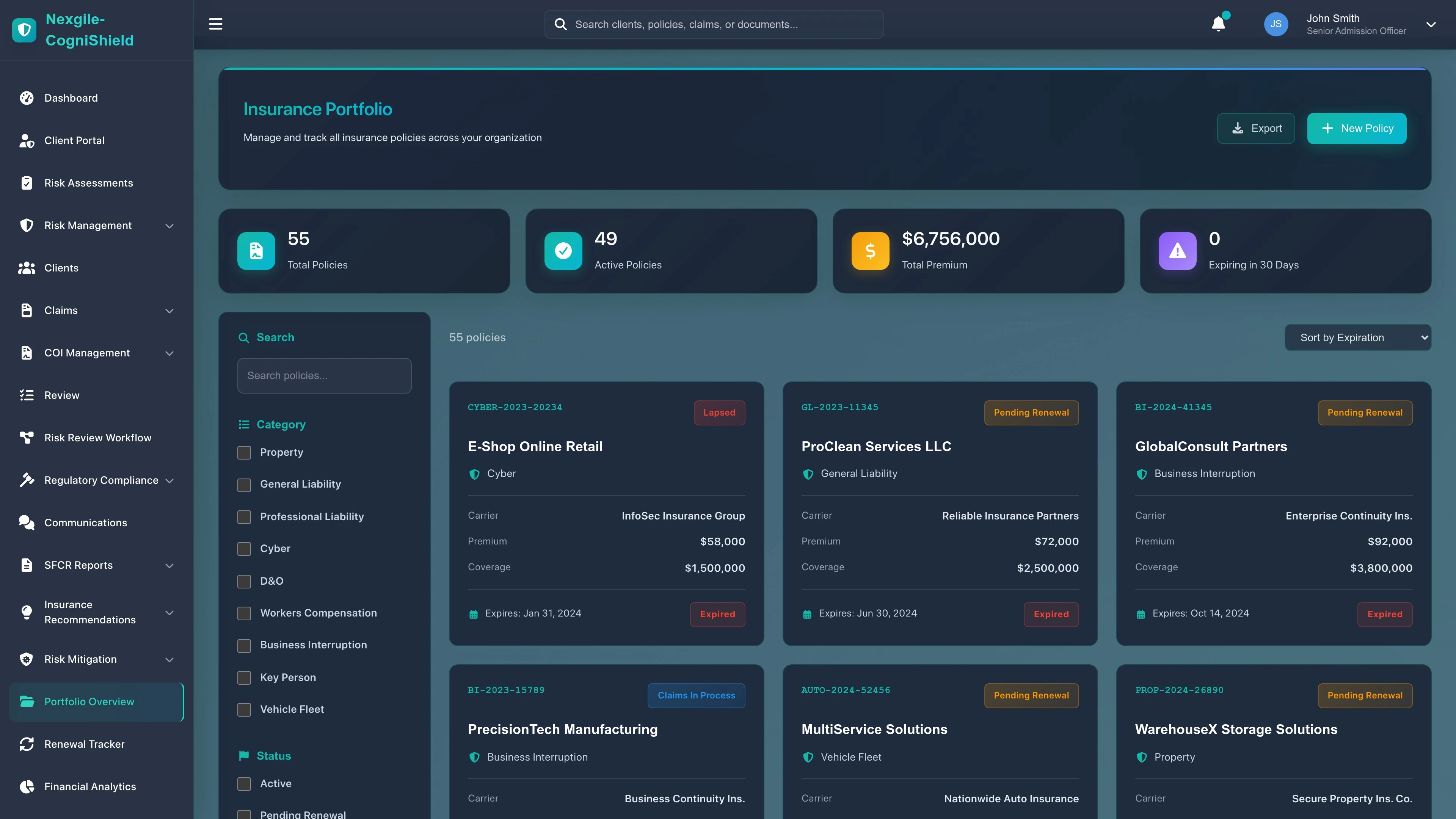 Illustrative preview (sample data, not verified outcomes): Insurance Portfolio Overview Dashboard
