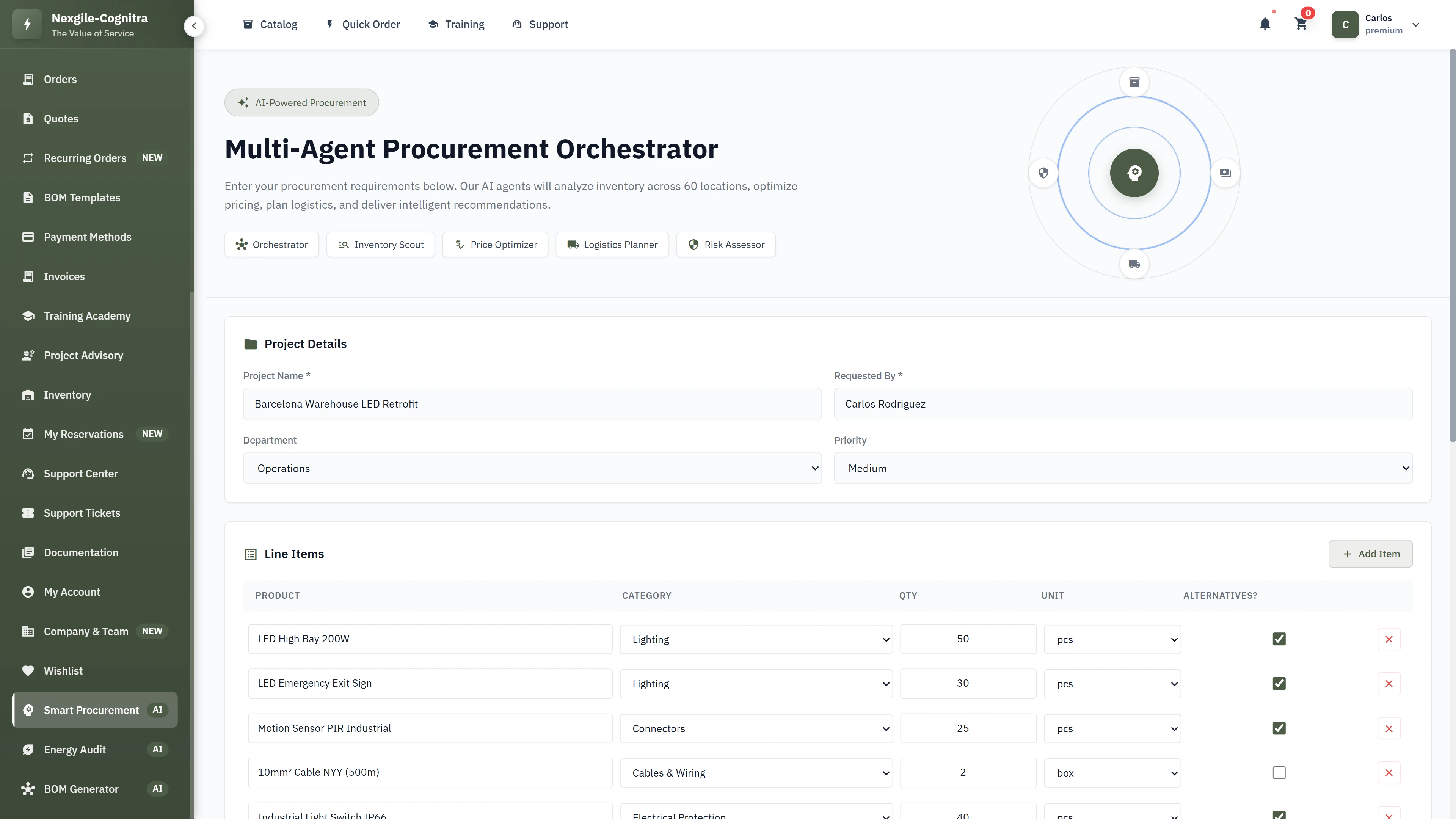 Illustrative preview (sample data, not verified outcomes): Multi-Agent Procurement Orchestrator input form for analyzing requirements across 60+ warehouse locations