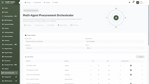 Illustrative preview (sample data, not verified outcomes): Multi-Agent Procurement Orchestrator input form for analyzing requirements across 60+ warehouse locations