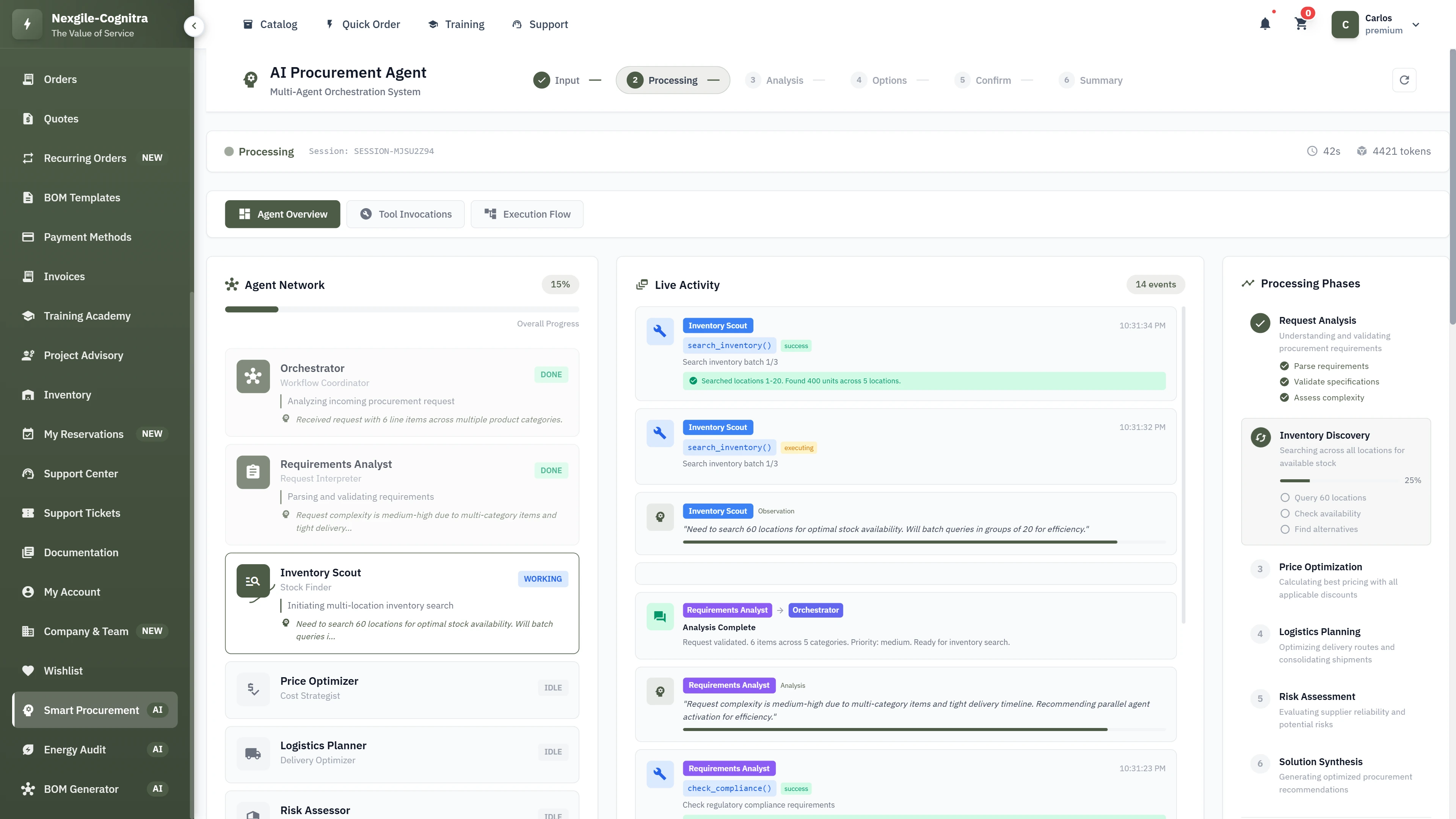 Illustrative preview (sample data, not verified outcomes): Agent network visualization showing real-time orchestration workflow and live activity monitoring