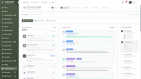 Illustrative preview (sample data, not verified outcomes): Agent network visualization showing real-time orchestration workflow and live activity monitoring