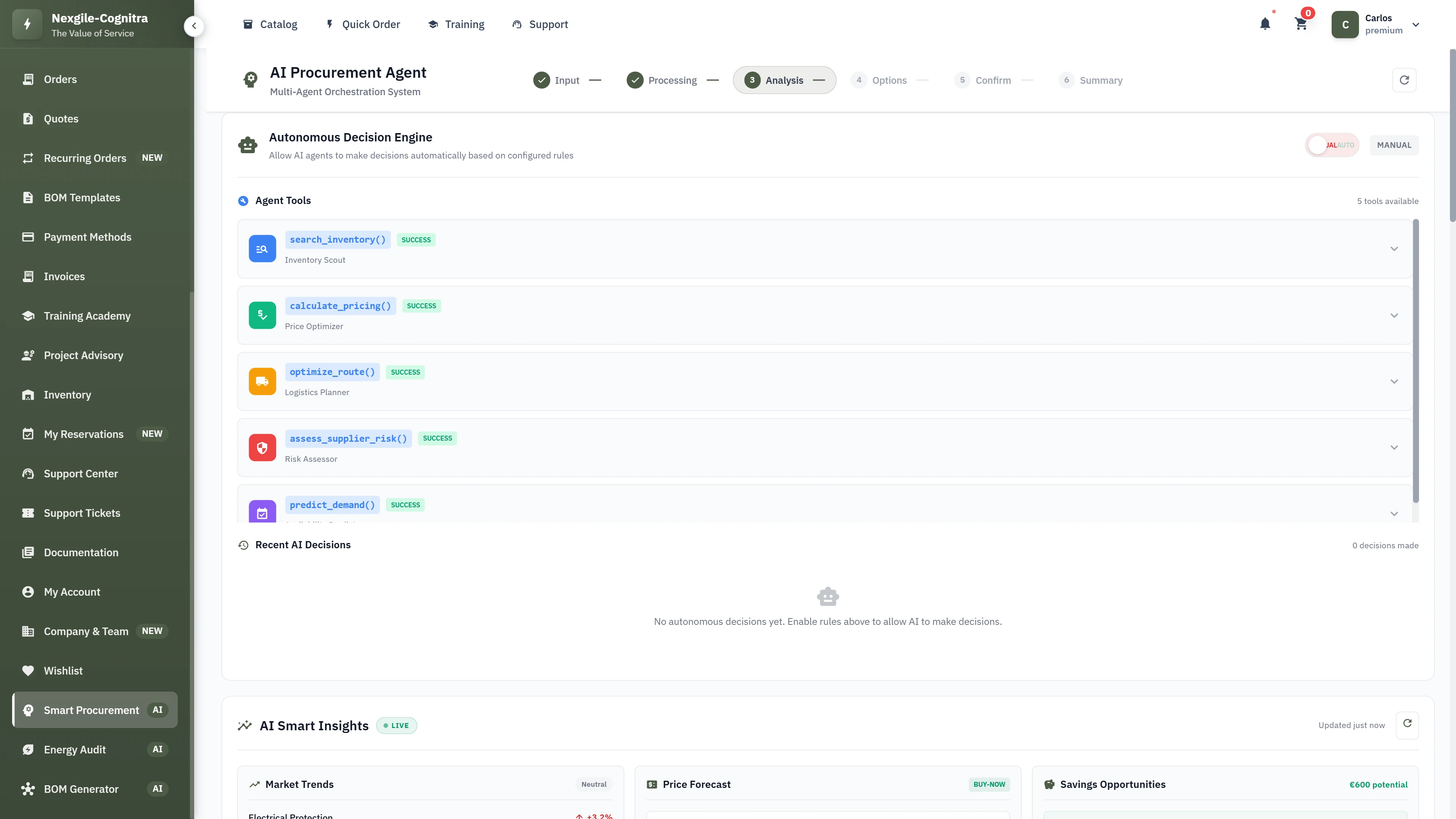Illustrative preview (sample data, not verified outcomes): Autonomous decision engine with specialized agent tools and AI-powered smart insights