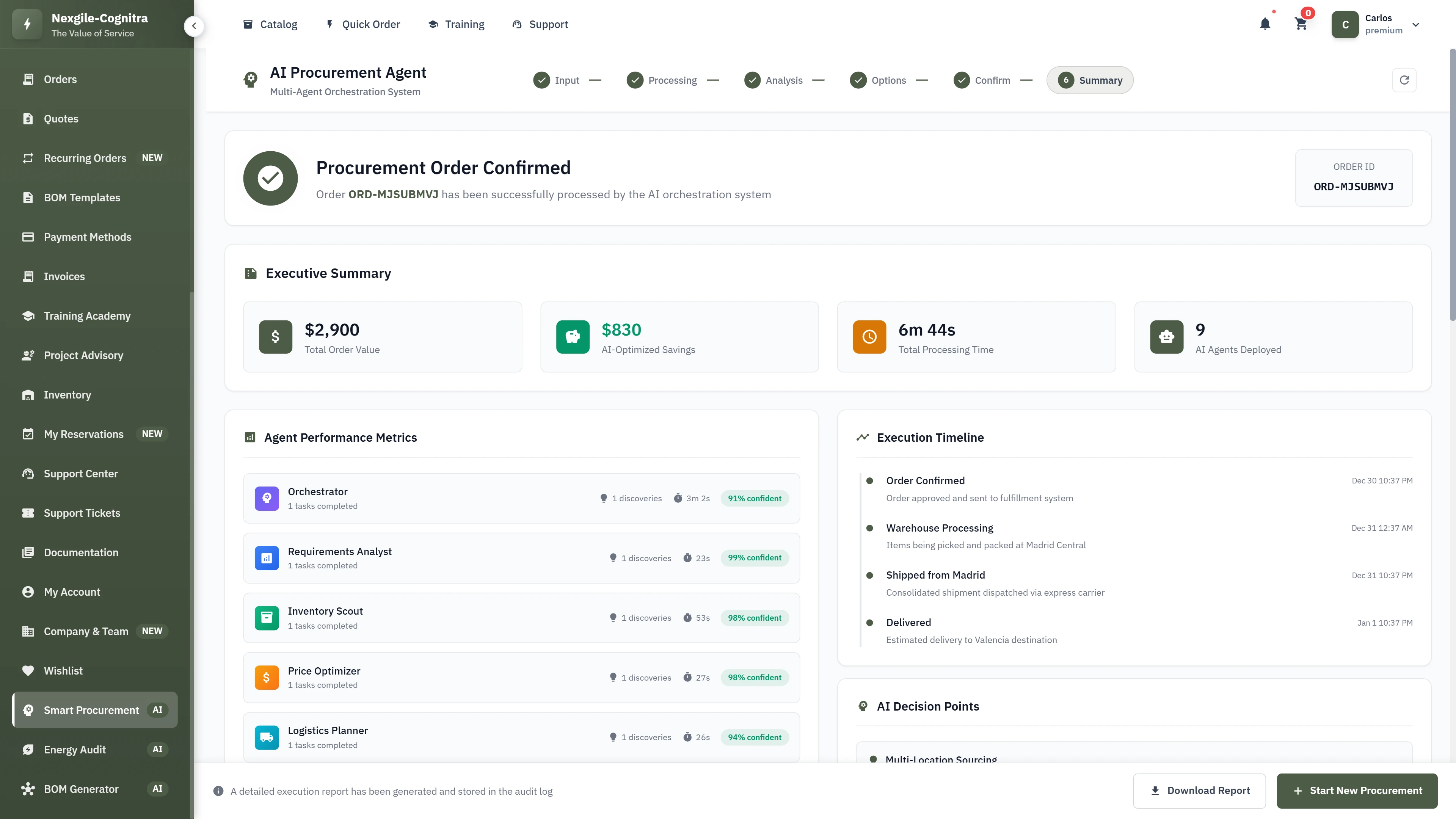 Illustrative preview (sample data, not verified outcomes): Procurement order confirmation with executive summary, agent performance metrics, and execution timeline