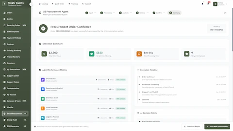 Illustrative preview (sample data, not verified outcomes): Procurement order confirmation with executive summary, agent performance metrics, and execution timeline