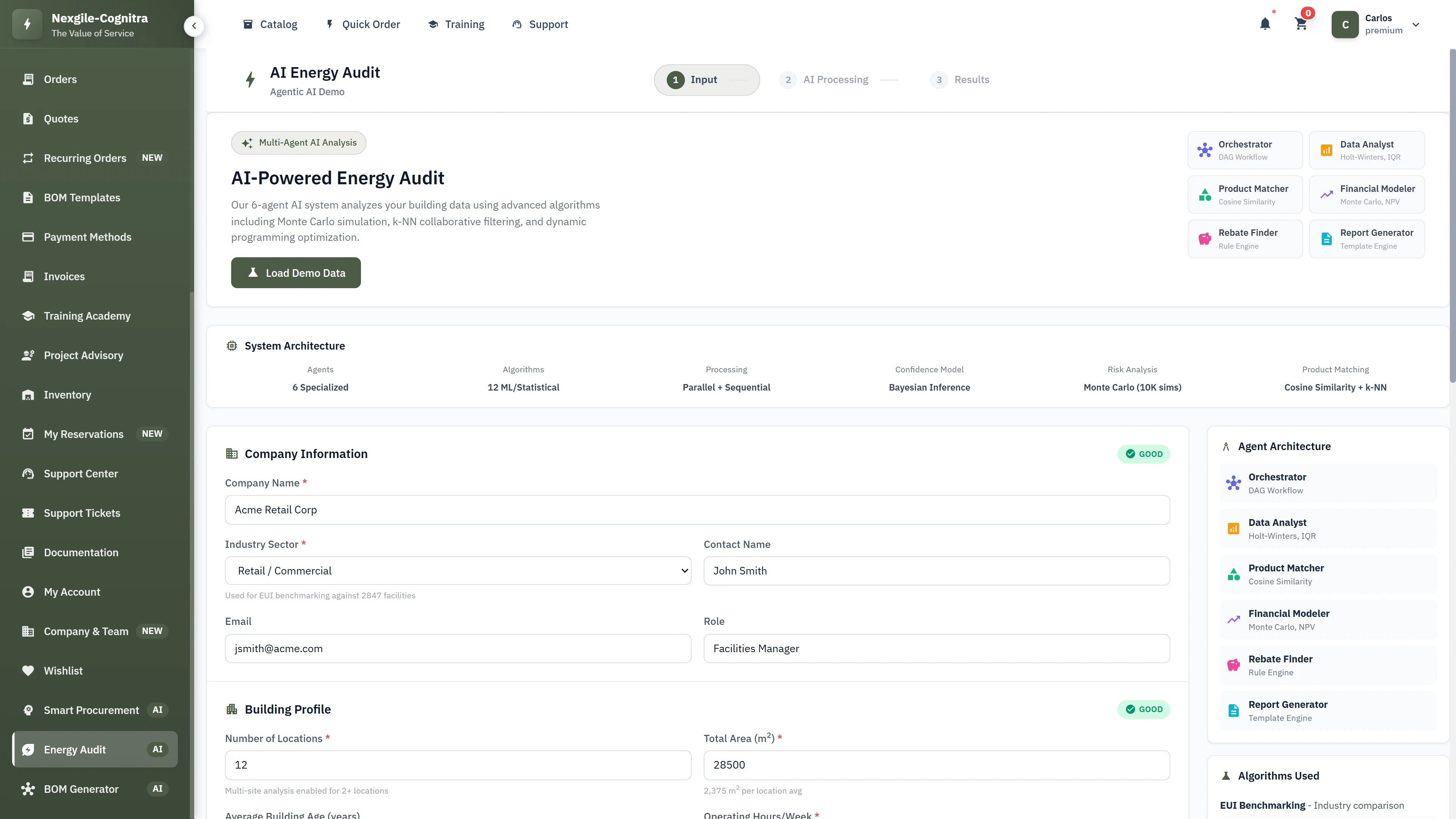 Illustrative preview (sample data, not verified outcomes): AI-Powered Energy Audit input form with multi-agent system architecture and company profile setup