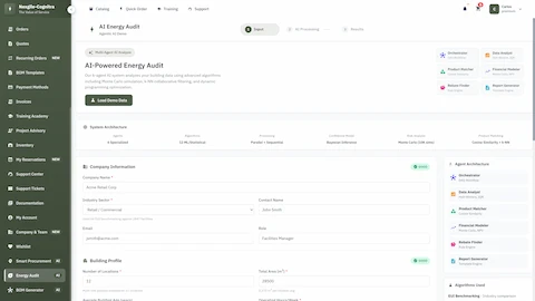 Illustrative preview (sample data, not verified outcomes): AI-Powered Energy Audit input form with multi-agent system architecture and company profile setup