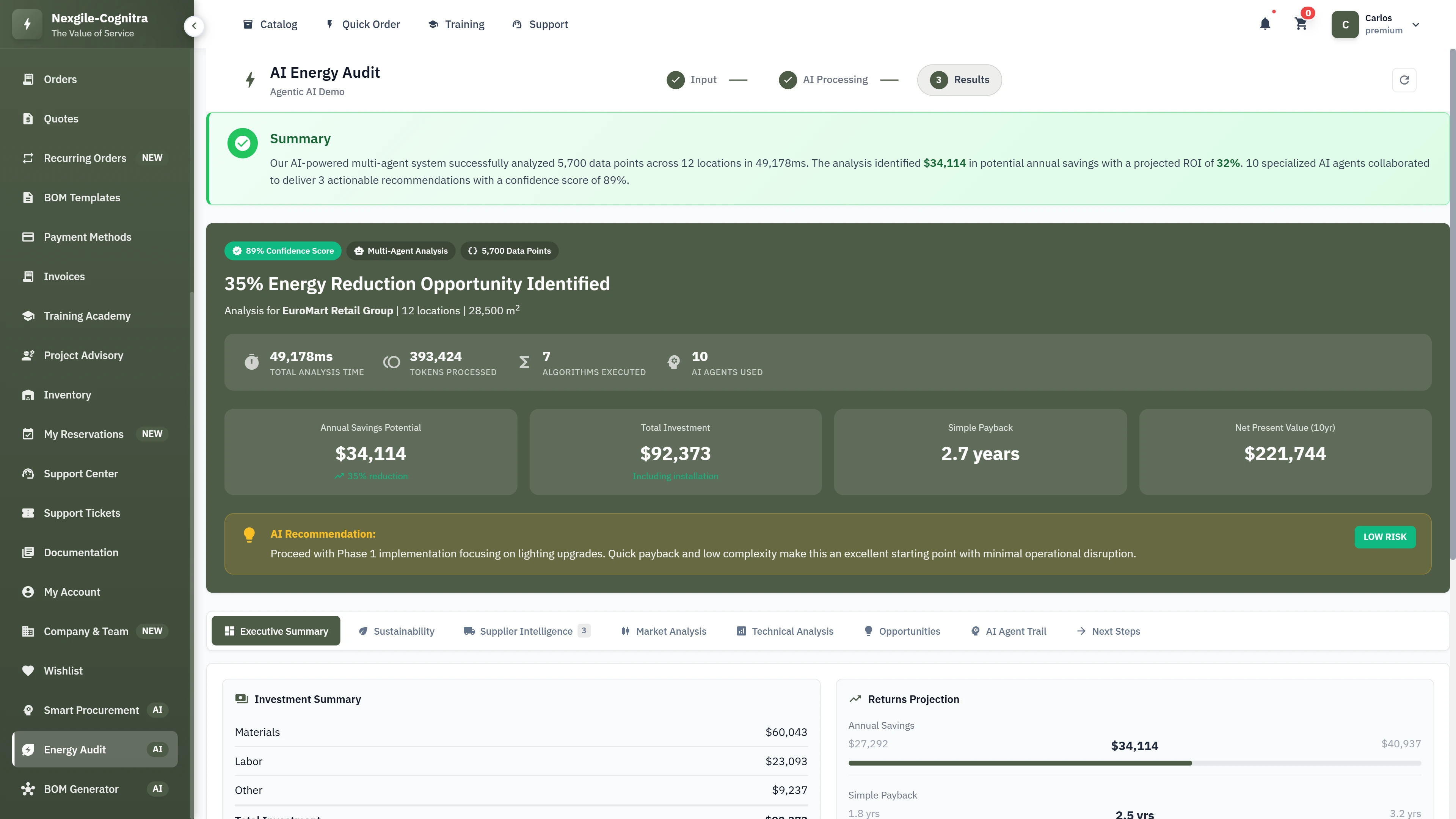 Illustrative preview (sample data, not verified outcomes): Energy audit results summary identifying 35% reduction opportunity with detailed financial projections and ROI analysis
