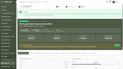 Illustrative preview (sample data, not verified outcomes): Energy audit results summary identifying 35% reduction opportunity with detailed financial projections and ROI analysis