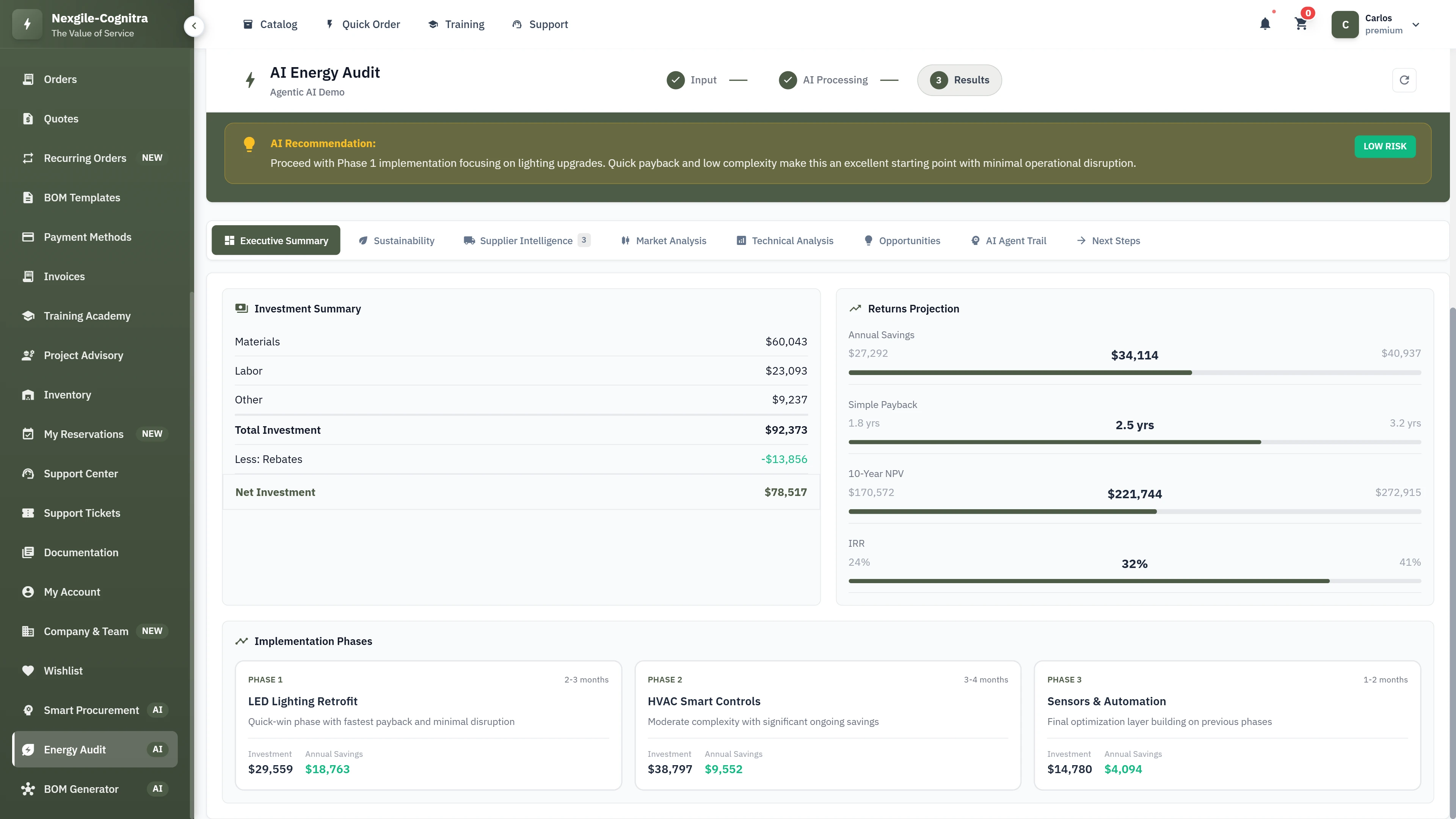 Illustrative preview (sample data, not verified outcomes): Executive summary with investment recommendations, returns projection, and phased implementation plan