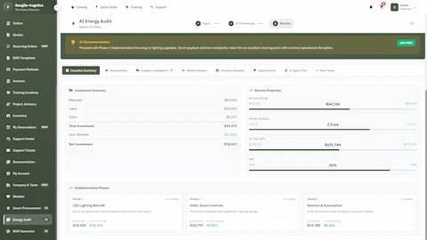Illustrative preview (sample data, not verified outcomes): Executive summary with investment recommendations, returns projection, and phased implementation plan
