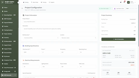 Illustrative preview (sample data, not verified outcomes): Project configuration form with building specifications and real-time electrical load calculations