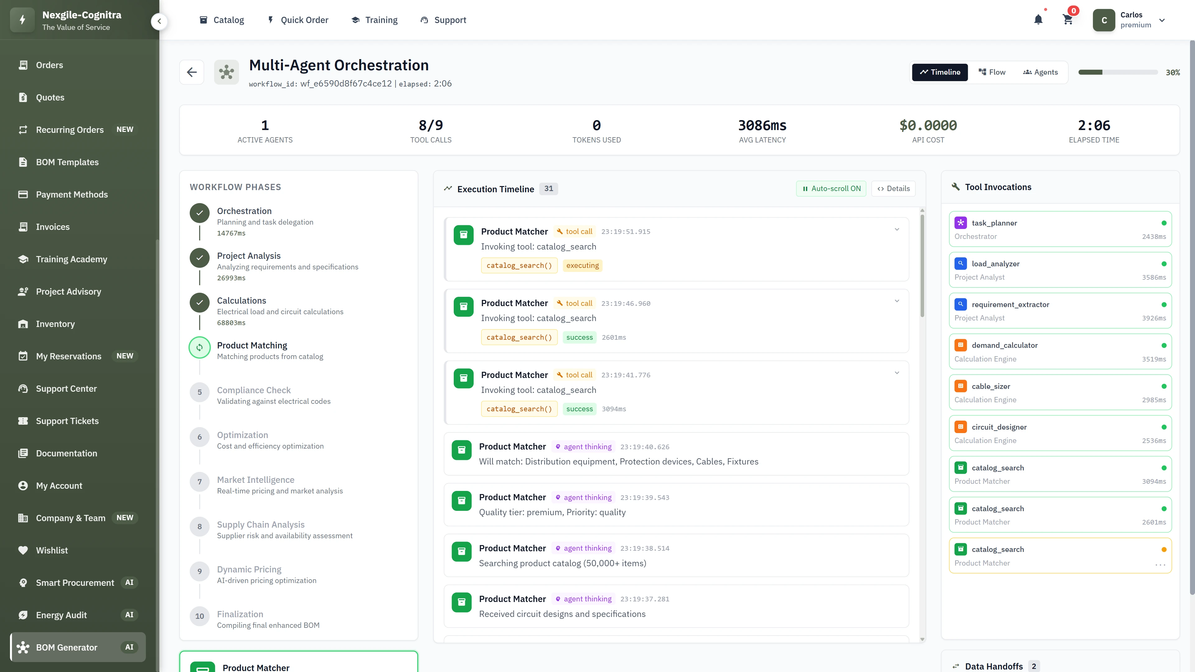 Illustrative preview (sample data, not verified outcomes): Multi-agent orchestration workflow showing 9 specialized agents processing BOM generation phases