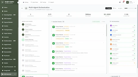Illustrative preview (sample data, not verified outcomes): Multi-agent orchestration workflow showing 9 specialized agents processing BOM generation phases