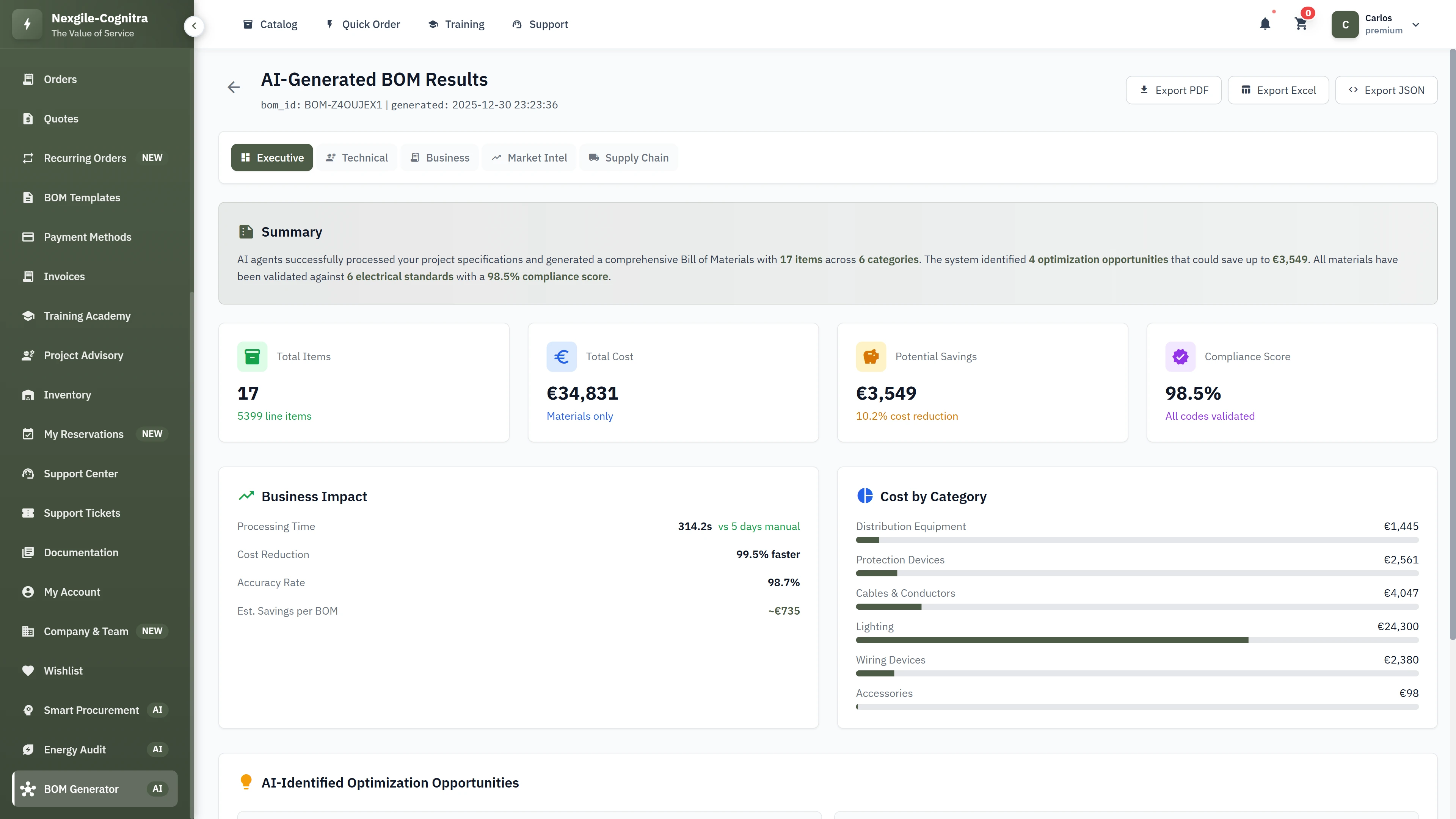 Illustrative preview (sample data, not verified outcomes): AI-Generated BOM results with 17 line items, 98.5% compliance score, and cost optimization opportunities