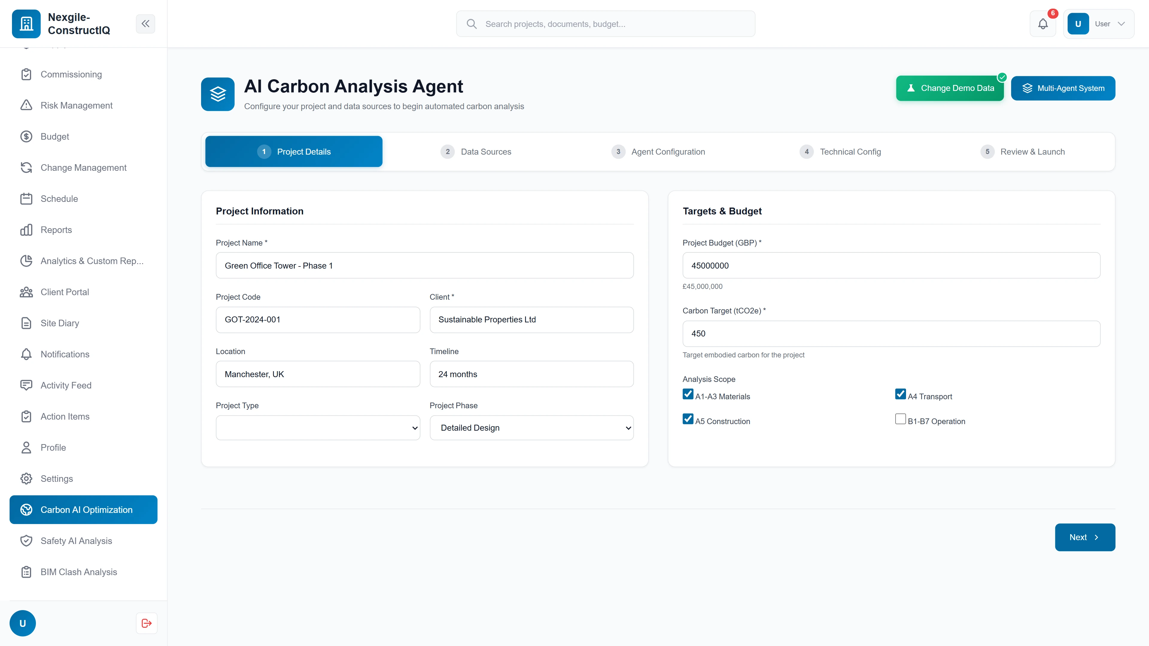 Illustrative preview (sample data, not verified outcomes): Project configuration screen with carbon targets, budget settings, and analysis scope options for materials, transport, and construction phases.