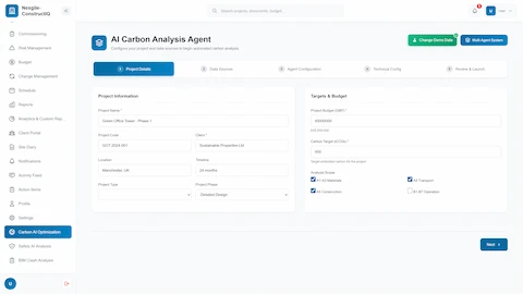 Illustrative preview (sample data, not verified outcomes): Project configuration screen with carbon targets, budget settings, and analysis scope options for materials, transport, and construction phases.