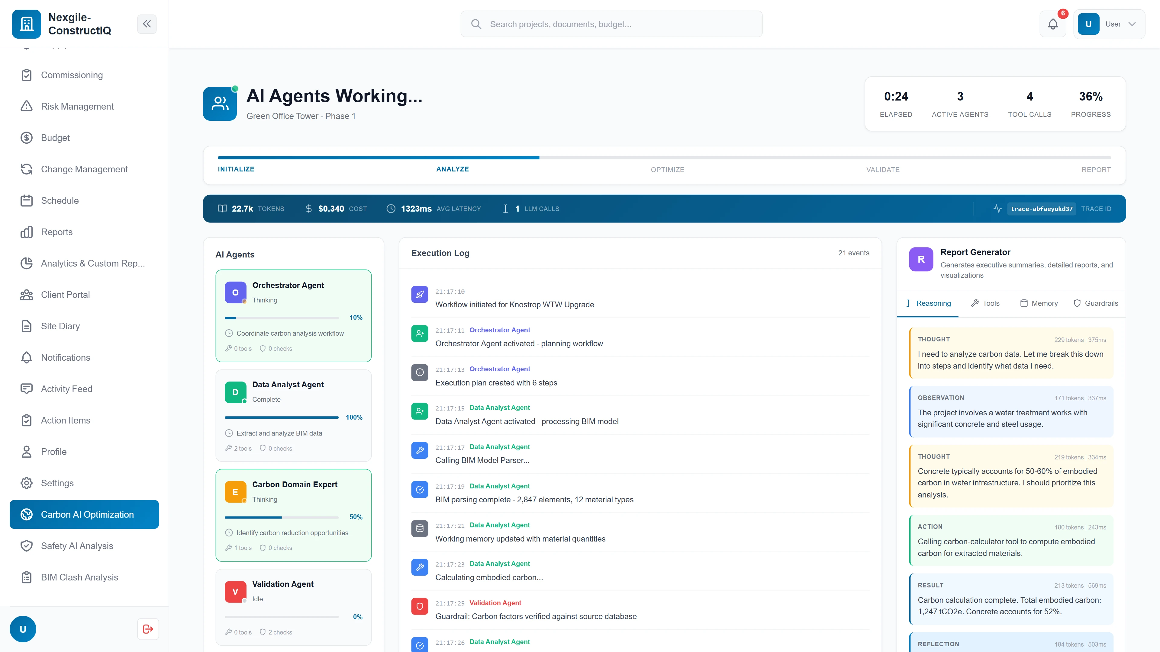 Illustrative preview (sample data, not verified outcomes): Multi-agent orchestration view showing AI agents collaborating with real-time execution log, reasoning traces, and progress tracking.