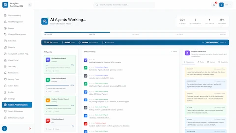 Illustrative preview (sample data, not verified outcomes): Multi-agent orchestration view showing AI agents collaborating with real-time execution log, reasoning traces, and progress tracking.