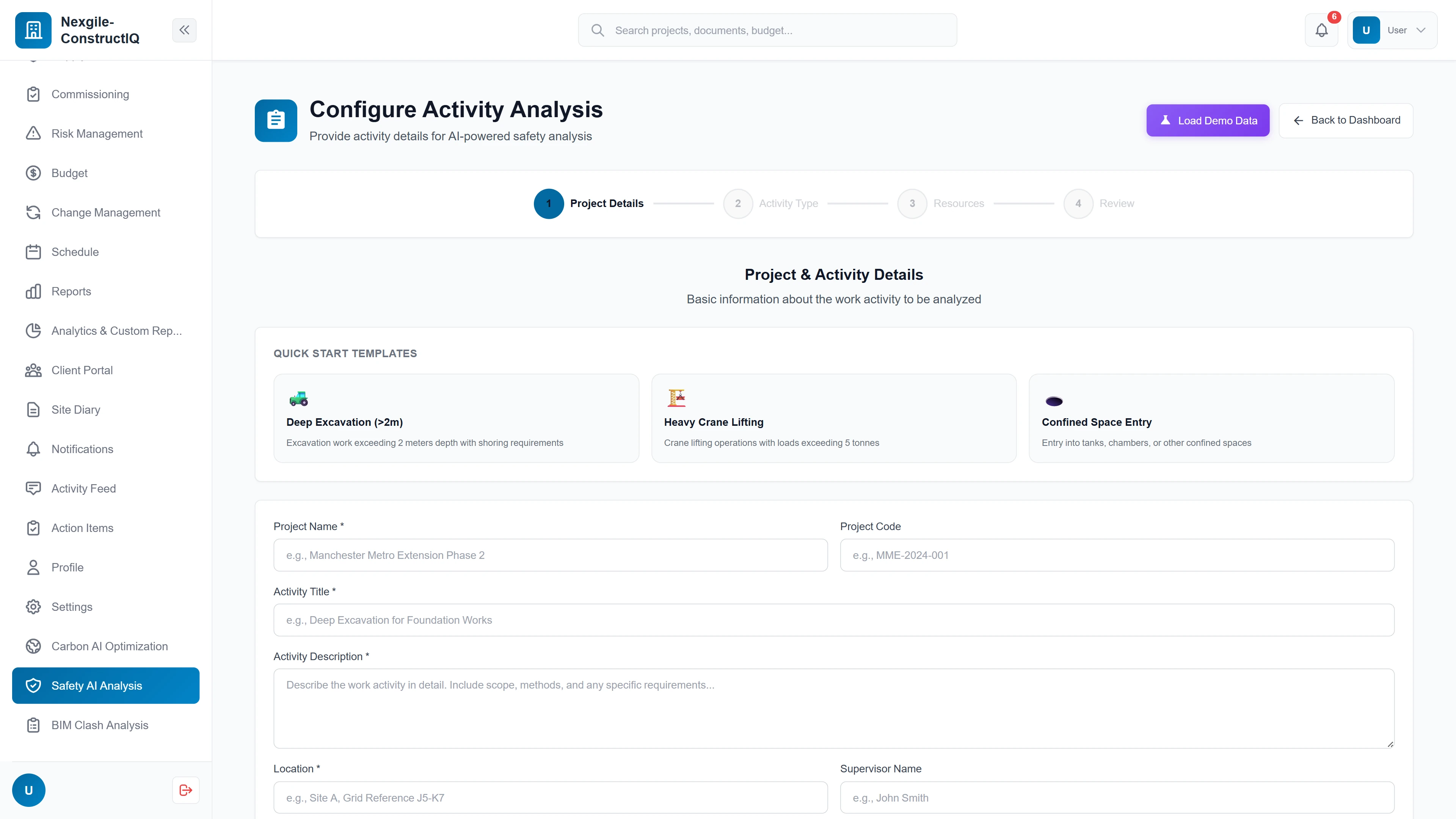 Illustrative preview (sample data, not verified outcomes): Activity configuration wizard with quick start templates for deep excavation, heavy crane lifting, and confined space entry scenarios.