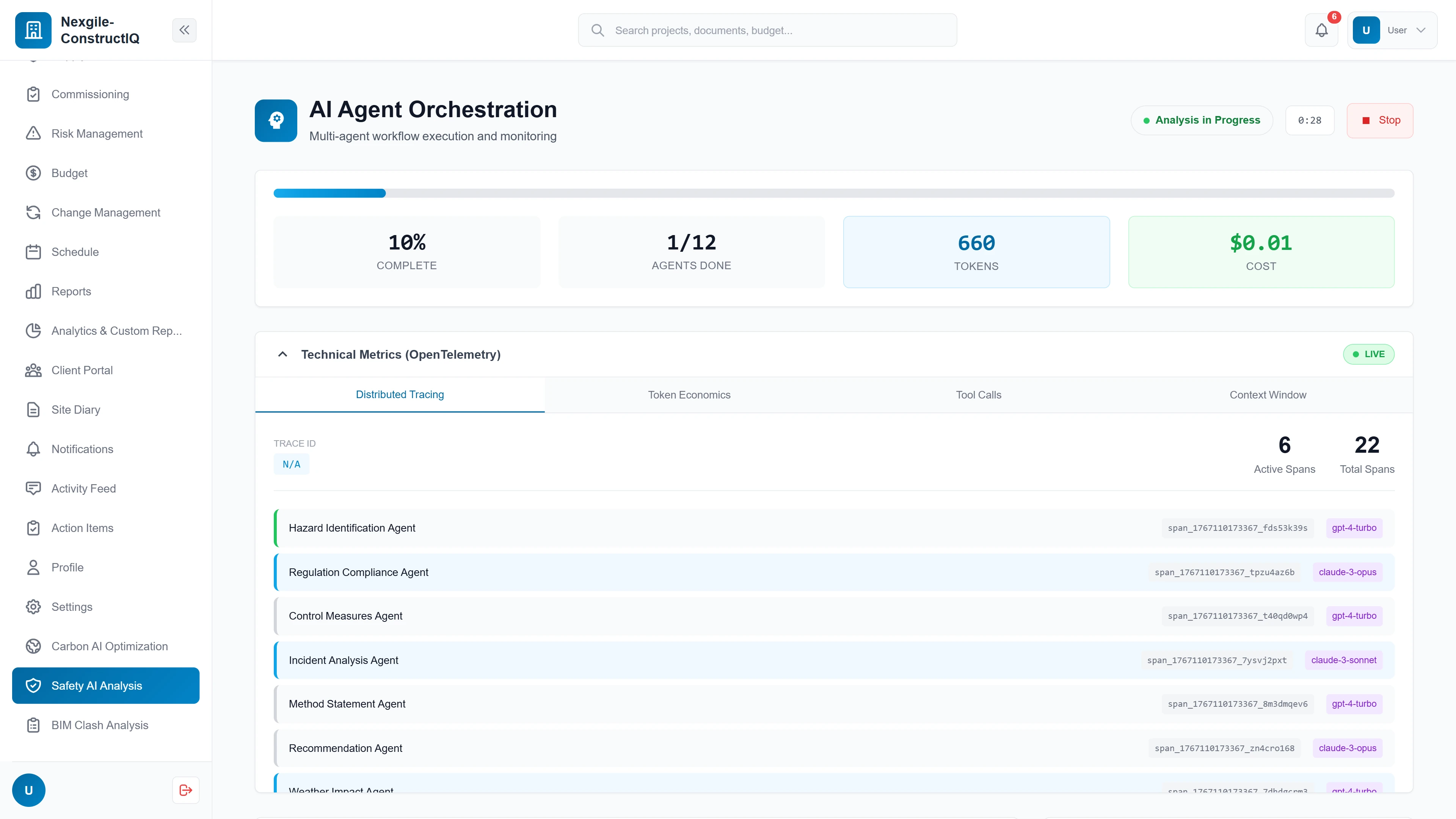Illustrative preview (sample data, not verified outcomes): Multi-agent orchestration with OpenTelemetry distributed tracing showing specialized safety agents with span IDs and LLM model assignments.