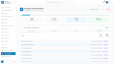 Illustrative preview (sample data, not verified outcomes): Multi-agent orchestration with OpenTelemetry distributed tracing showing specialized safety agents with span IDs and LLM model assignments.