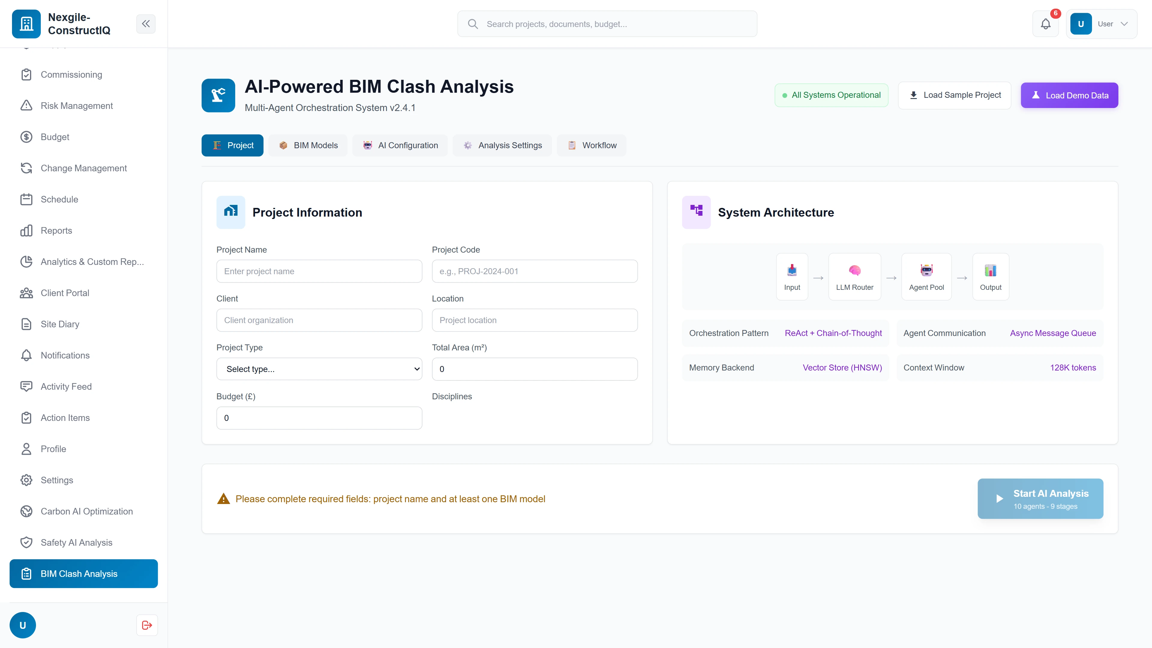 Illustrative preview (sample data, not verified outcomes): BIM clash analysis configuration with project setup, system architecture diagram, and AI orchestration pattern settings (ReAct + Chain-of-Thought).