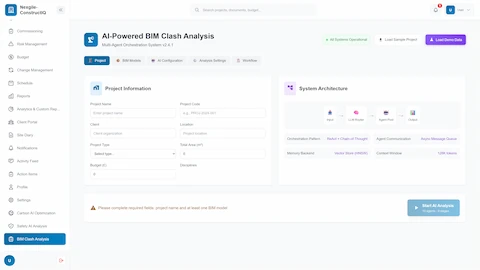 Illustrative preview (sample data, not verified outcomes): BIM clash analysis configuration with project setup, system architecture diagram, and AI orchestration pattern settings (ReAct + Chain-of-Thought).