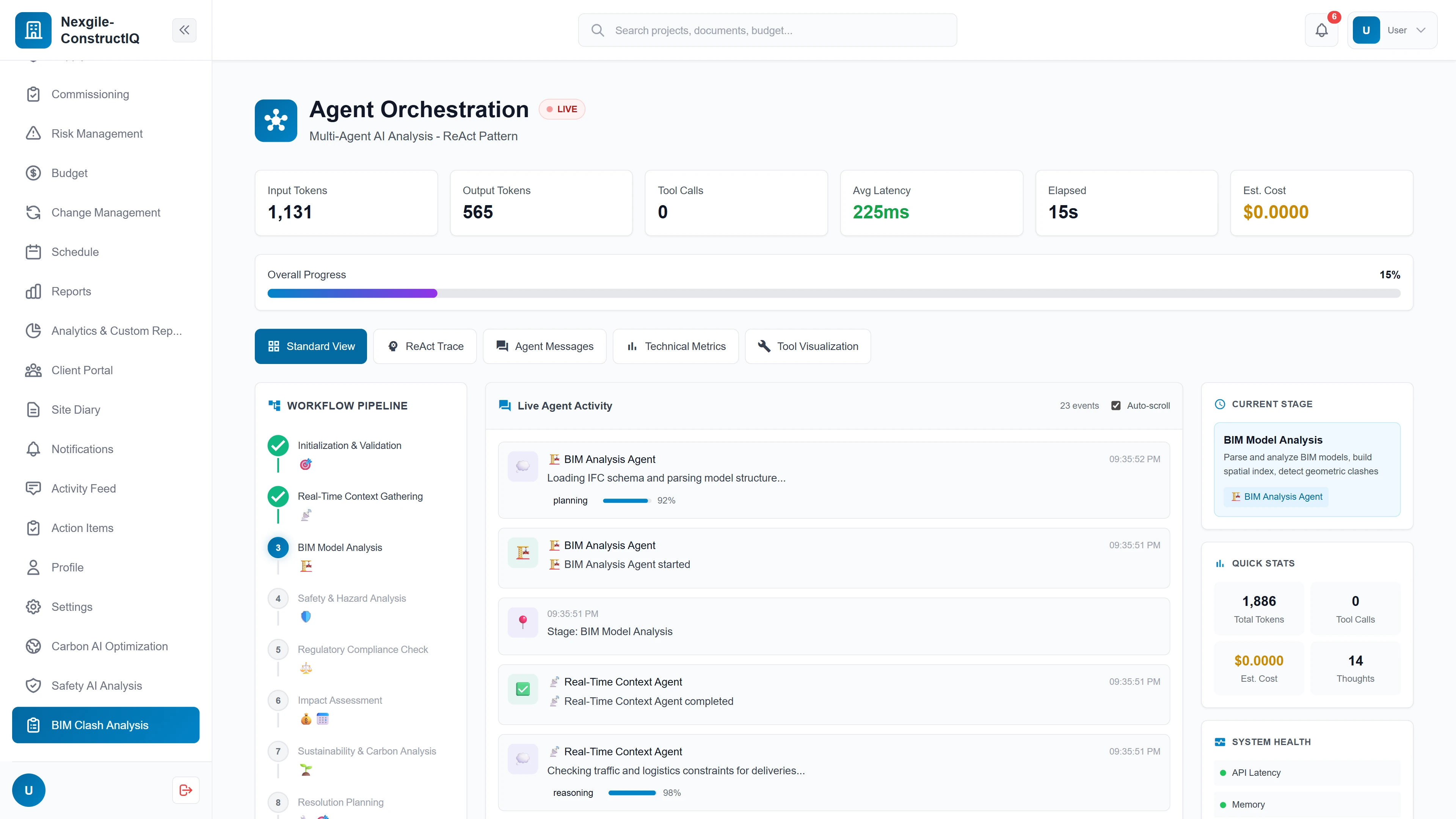 Illustrative preview (sample data, not verified outcomes): Live agent orchestration with 9-stage workflow pipeline, real-time agent activity feed, token metrics, and system health monitoring.