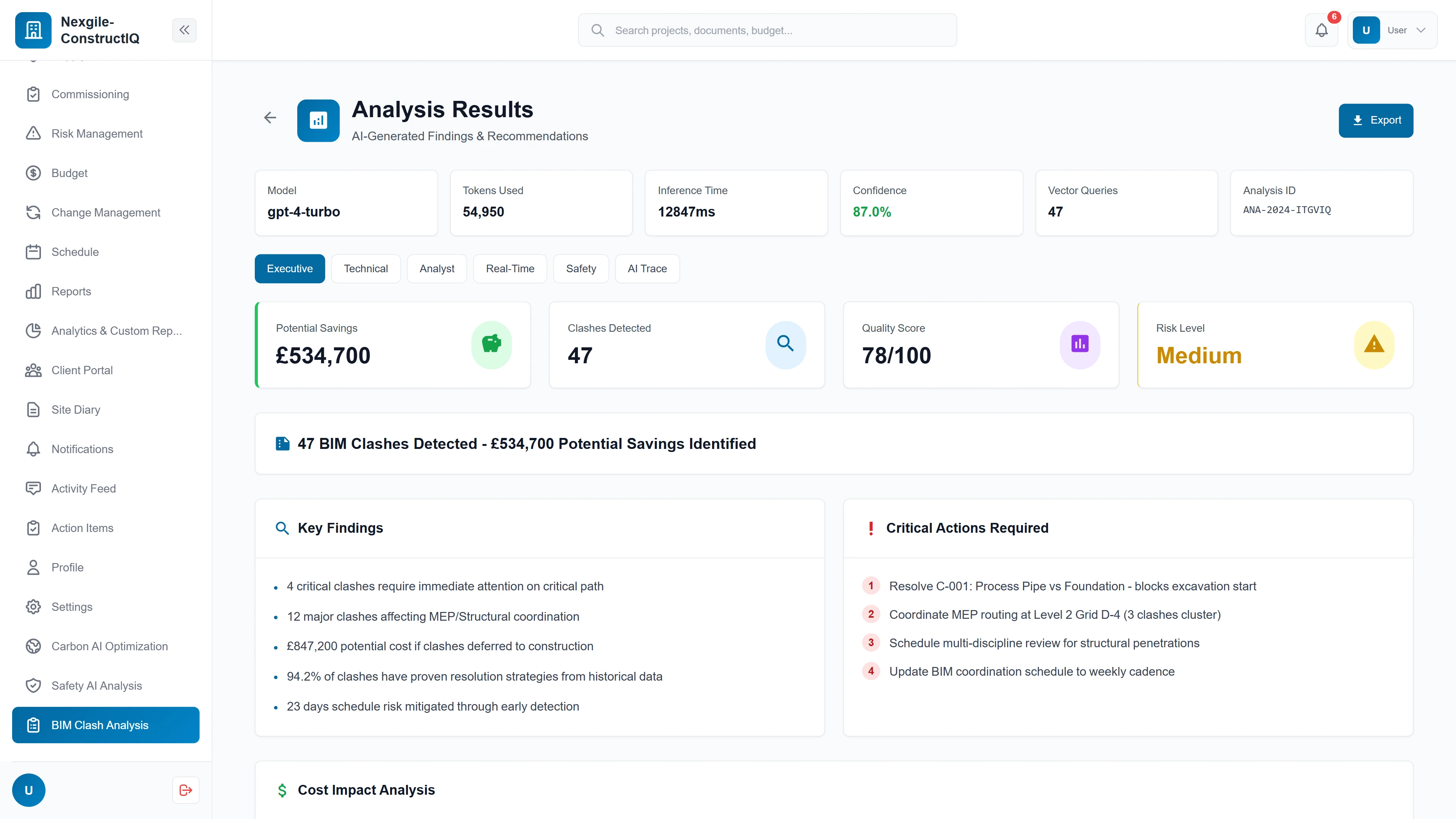 Illustrative preview (sample data, not verified outcomes): Executive analysis results showing 47 clashes detected, £534,700 potential savings, quality score, key findings, and critical actions required.