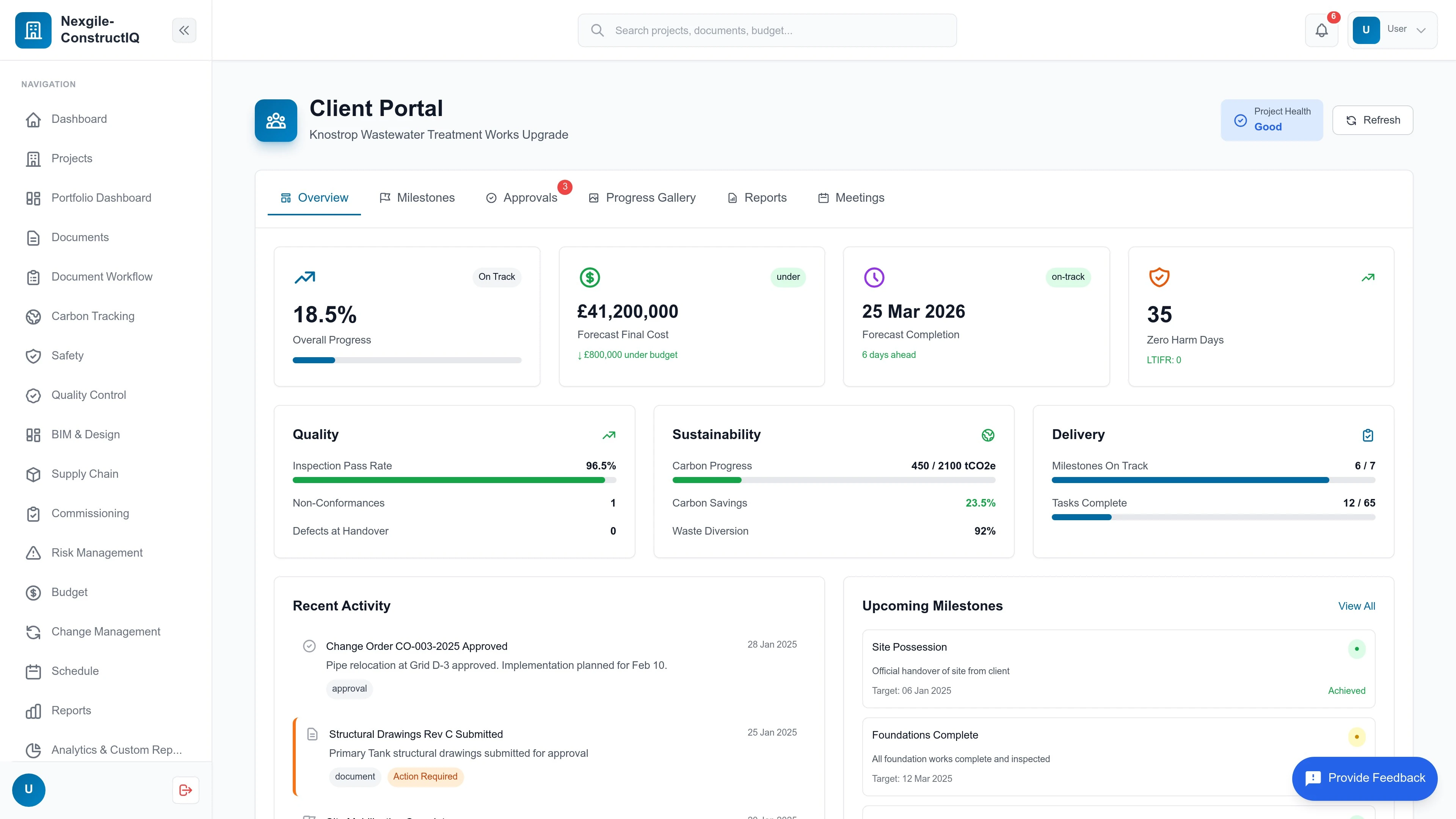 Illustrative preview (sample data, not verified outcomes): Nexgile-ConstructIQ Command Client Portal - Project dashboard and collaboration interface