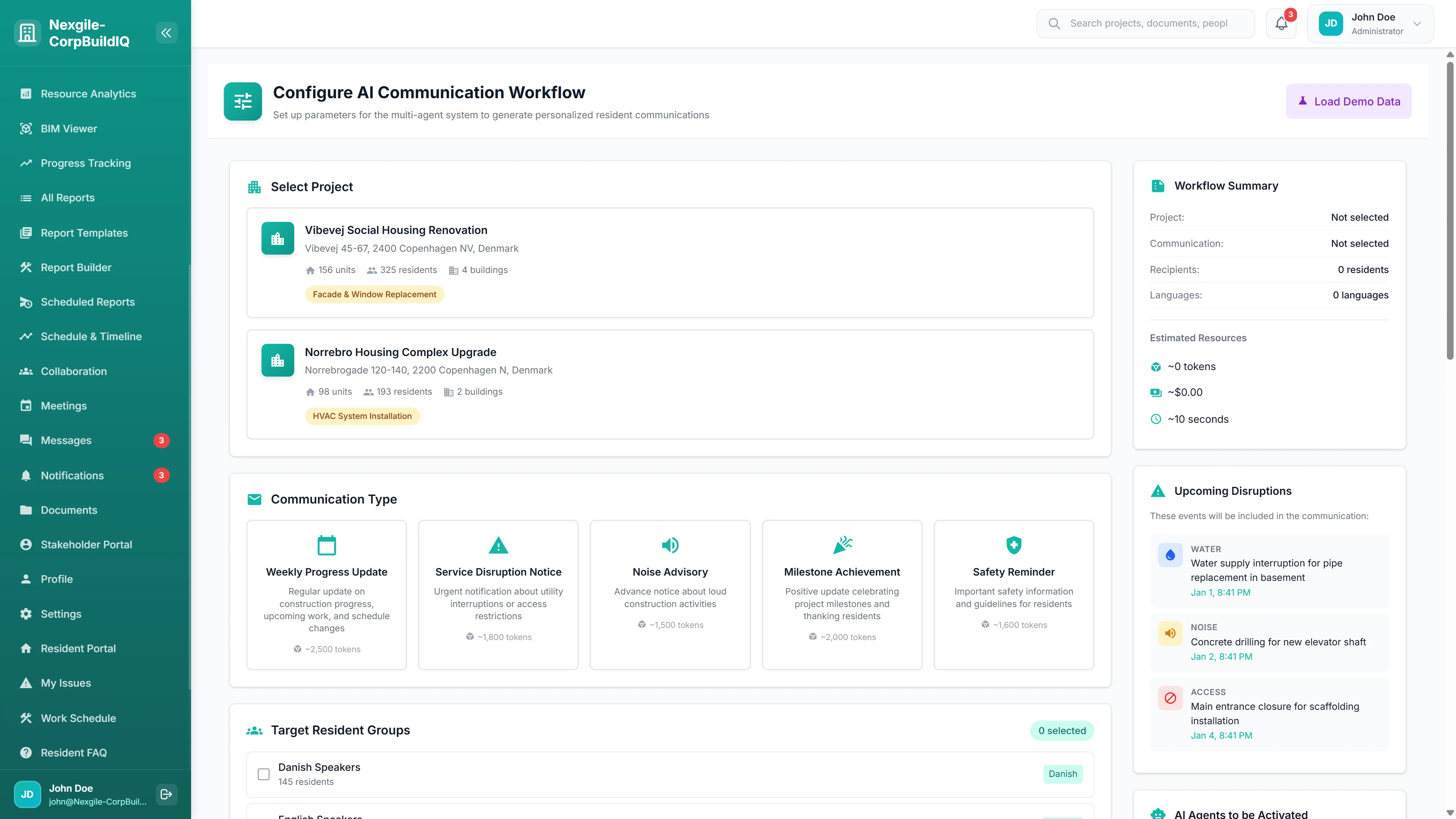 Illustrative preview (sample data, not verified outcomes): Configure AI Communication Workflow - Project selection, communication types, target resident groups, and upcoming disruptions panel