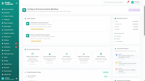 Illustrative preview (sample data, not verified outcomes): Configure AI Communication Workflow - Project selection, communication types, target resident groups, and upcoming disruptions panel