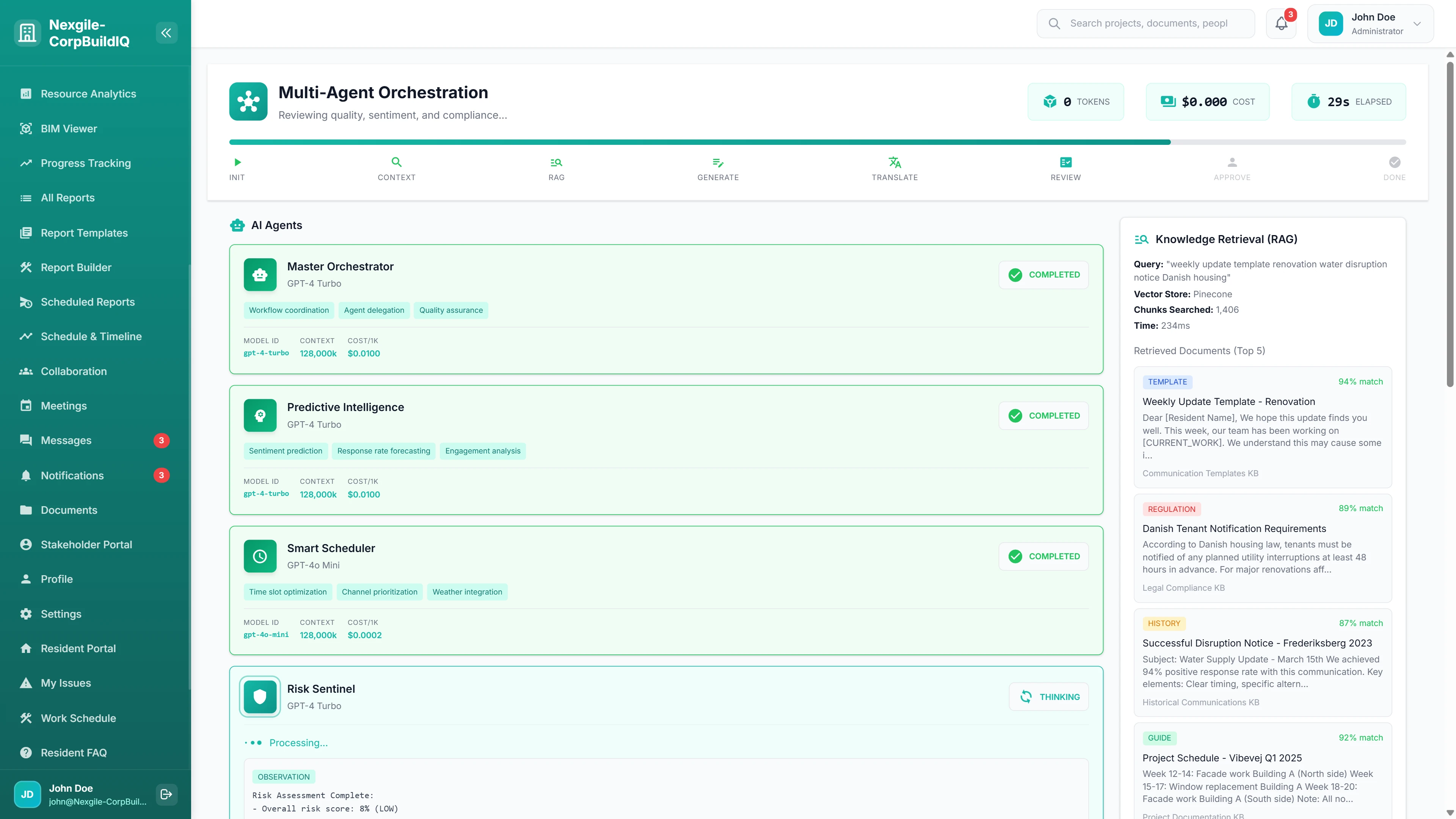 Illustrative preview (sample data, not verified outcomes): Multi-Agent Orchestration - AI agents processing with RAG knowledge retrieval showing template and regulation matches