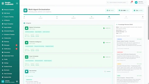 Illustrative preview (sample data, not verified outcomes): Multi-Agent Orchestration - AI agents processing with RAG knowledge retrieval showing template and regulation matches