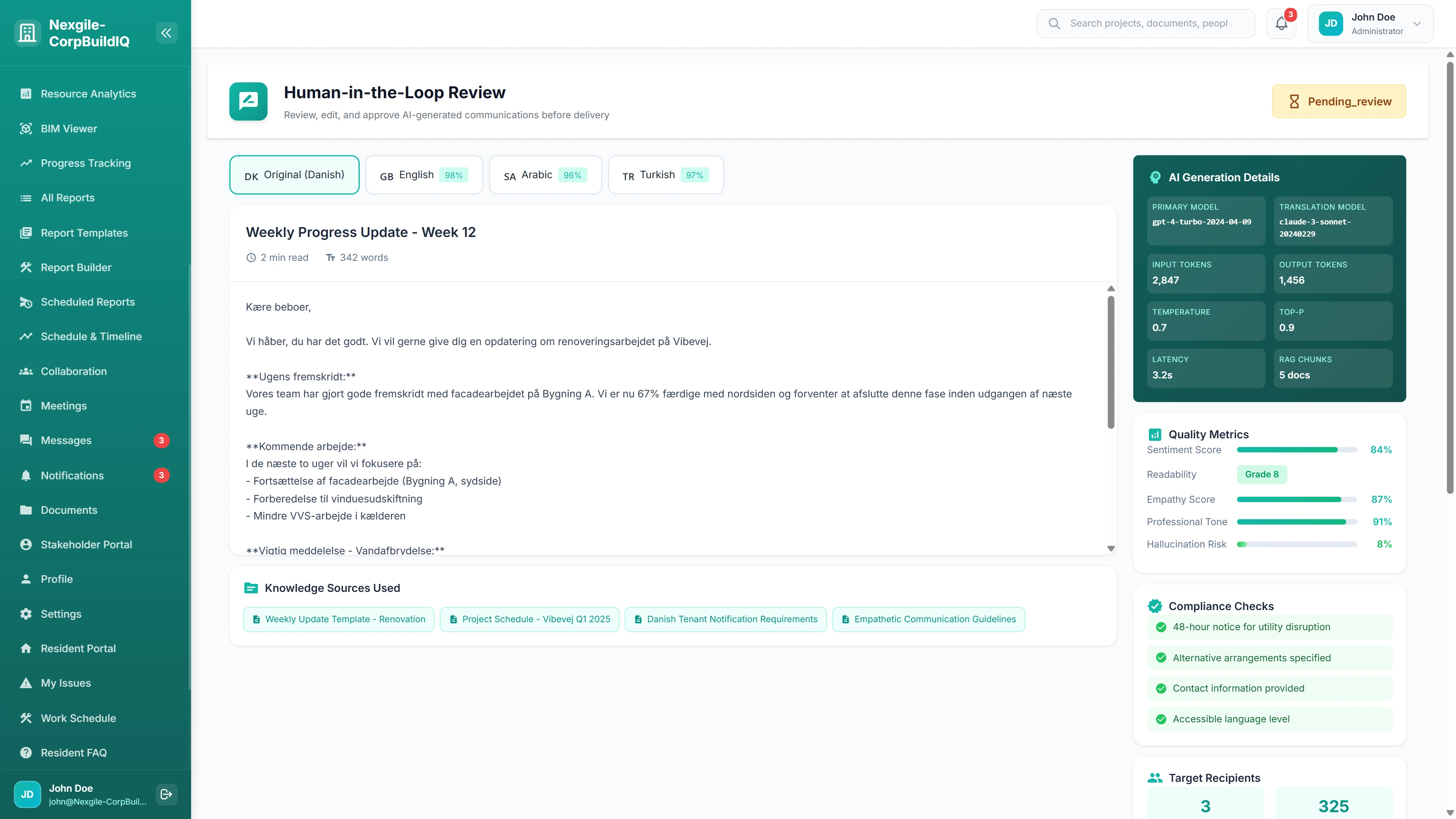 Illustrative preview (sample data, not verified outcomes): Human-in-the-Loop Review - Multilingual content preview with quality metrics, compliance checks, and AI generation details